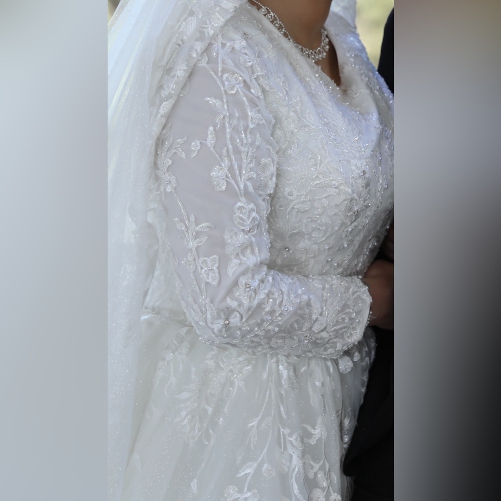 Modest Wedding Dress + Veil - Picture 3 of 8